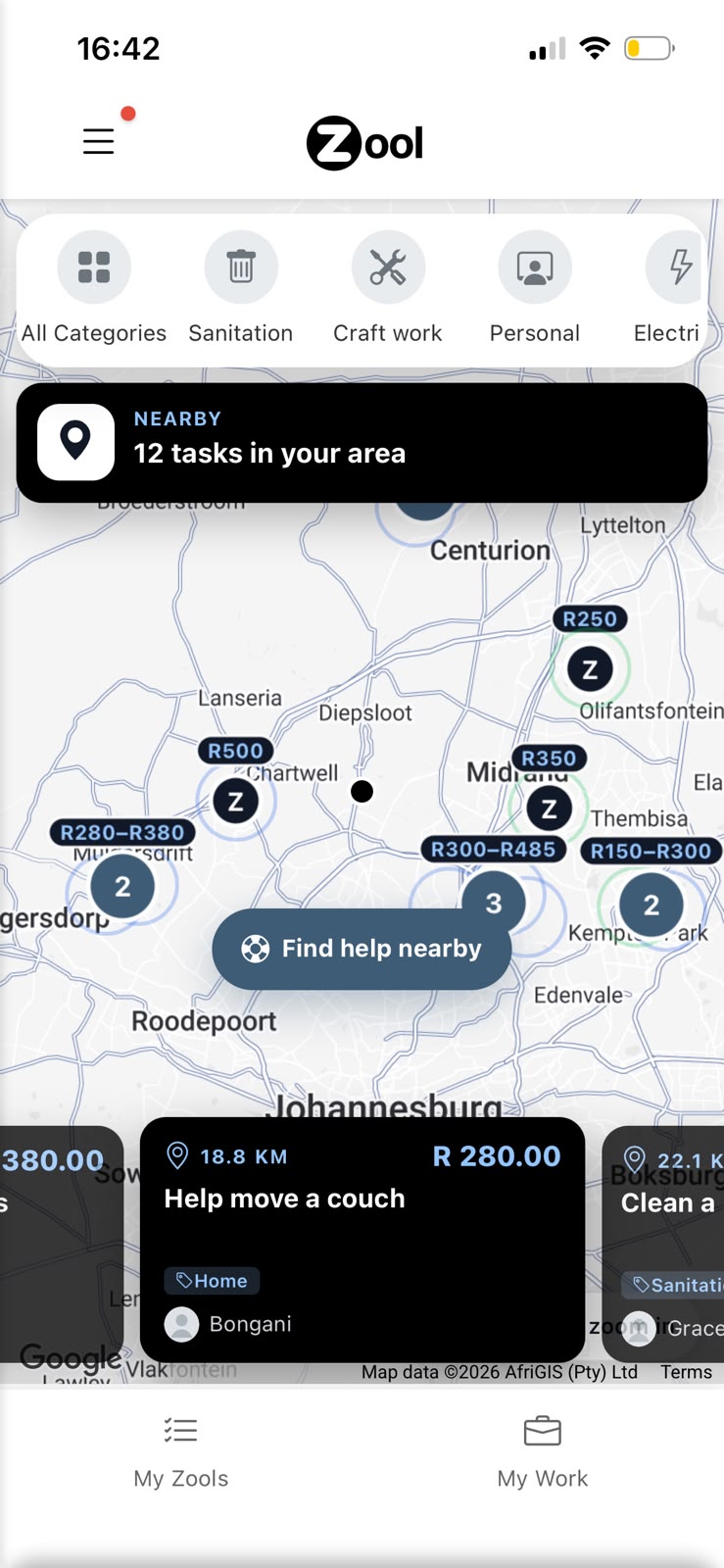 Zool app map showing nearby tasks and earning opportunities